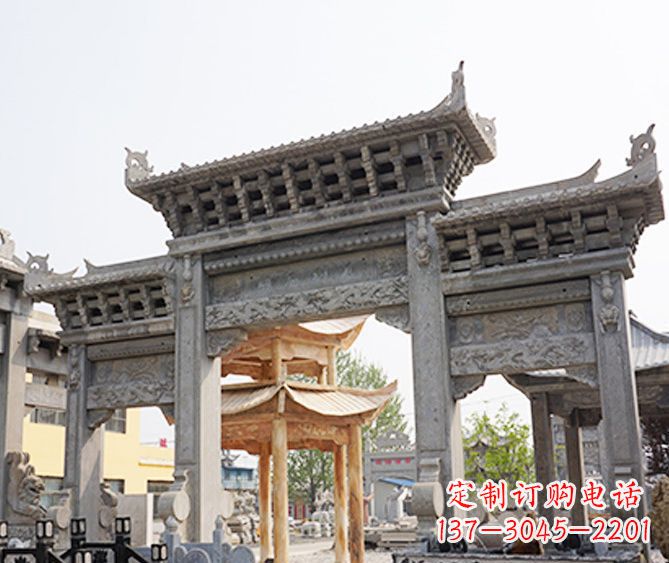 深圳村庄大理石三门牌坊石雕