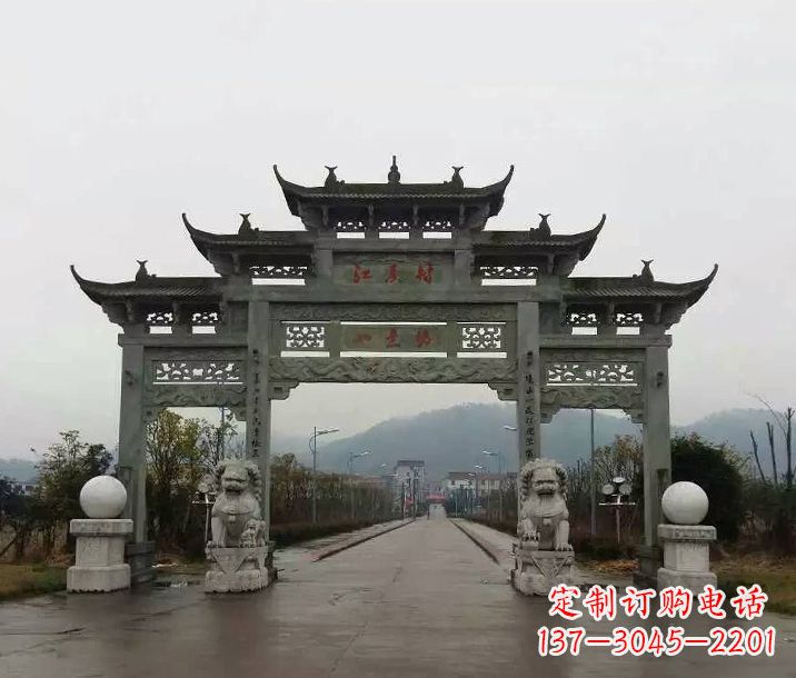 深圳村庄三门五楼石牌坊石雕