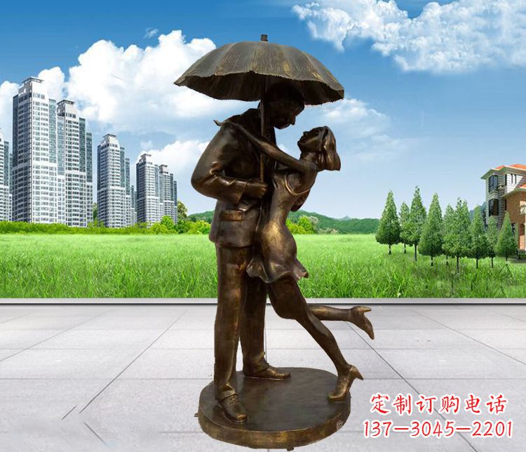 深圳公园打伞接吻的情侣铜雕