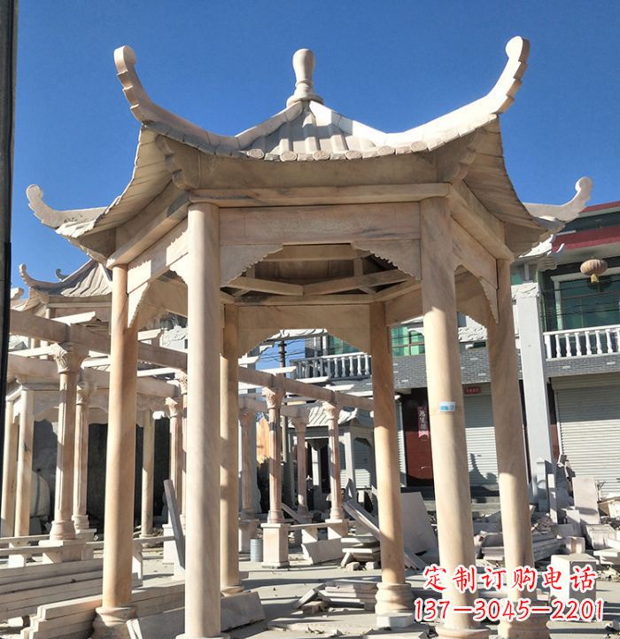 深圳公园晚霞红六角石雕凉亭 (7)