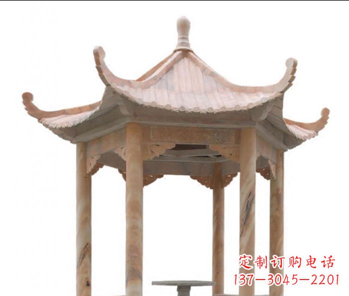 深圳美丽而优雅的公园晚霞红六角石凉亭雕塑