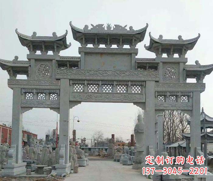 深圳三门牌坊石雕,精美汉风石雕装饰景区