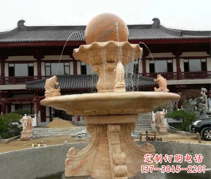 深圳双层风水球喷泉晚霞红石雕