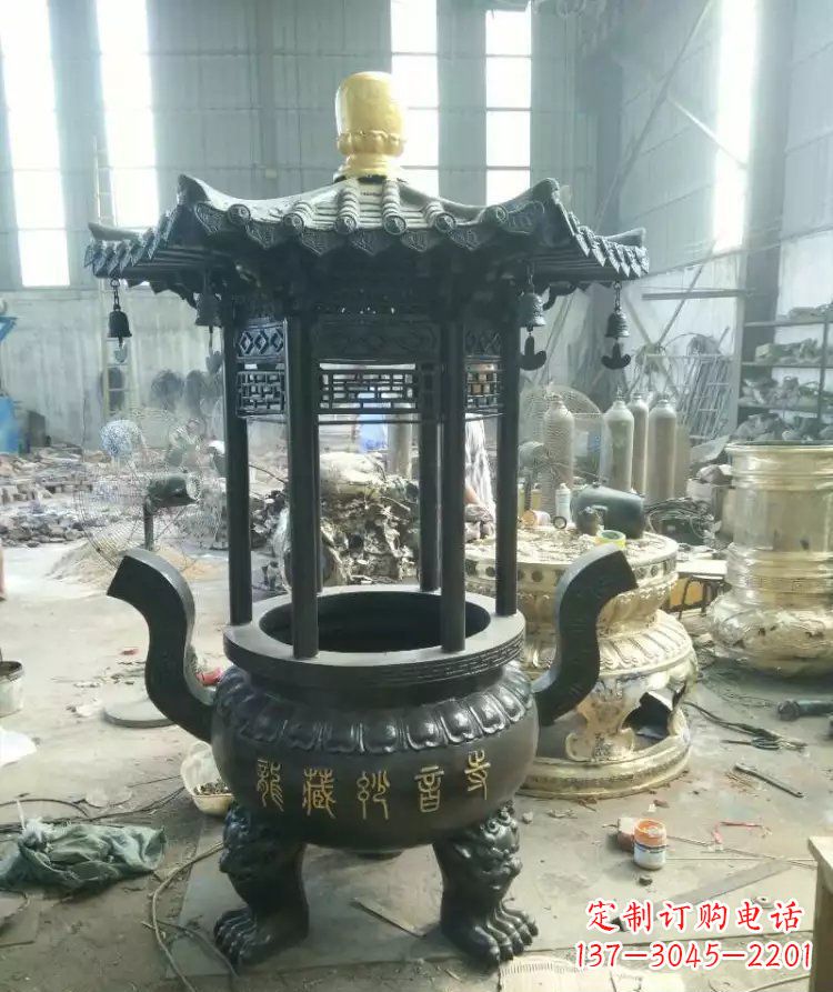 深圳寺庙圆香炉铜雕 (2)