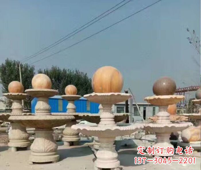 深圳晚霞红多层风水球喷泉石雕