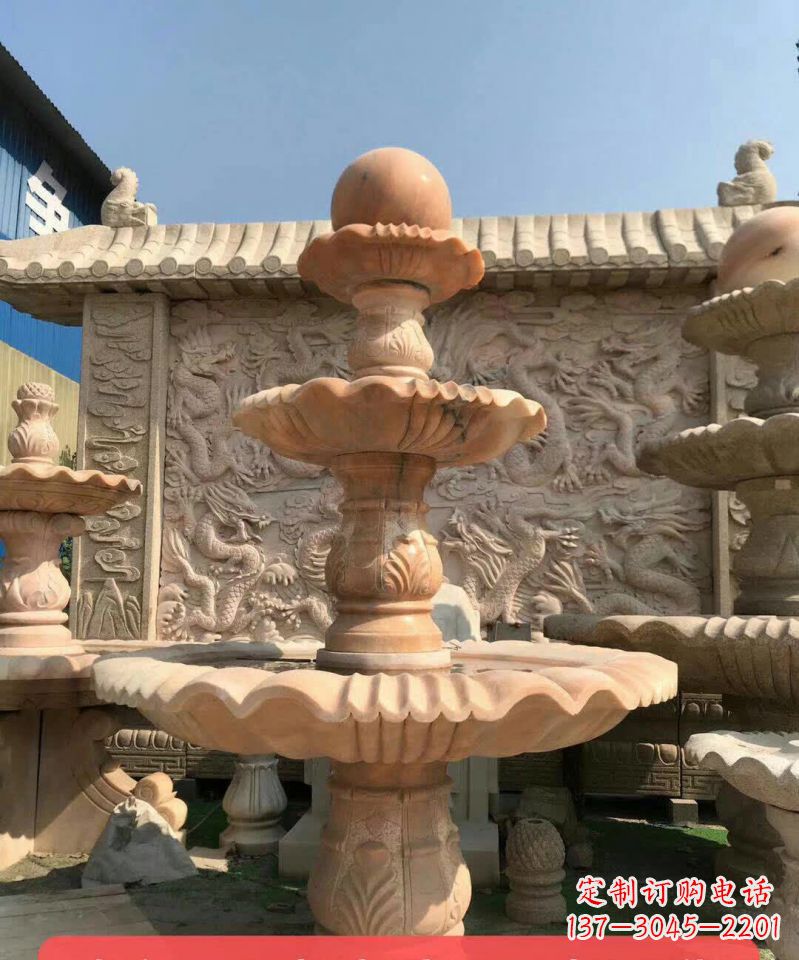 深圳晚霞红风水球石雕喷泉