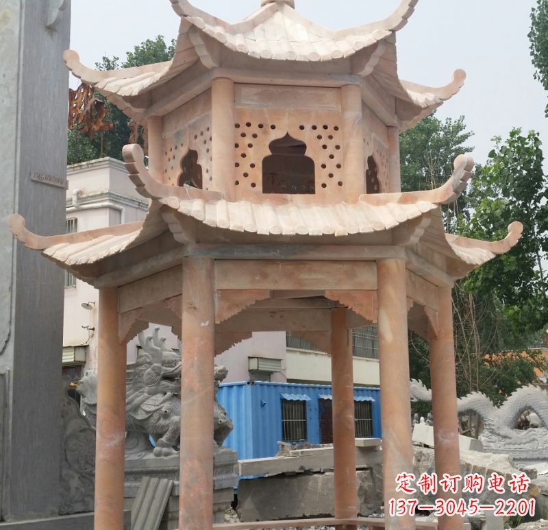 深圳晚霞红双层六角凉亭石雕 (2)