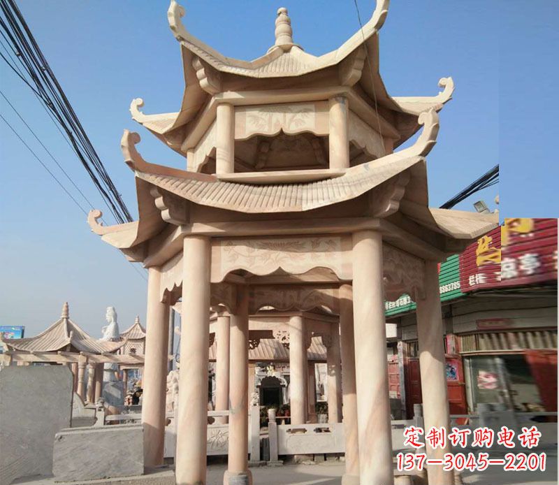 深圳晚霞红双层六角凉亭石雕 (3)