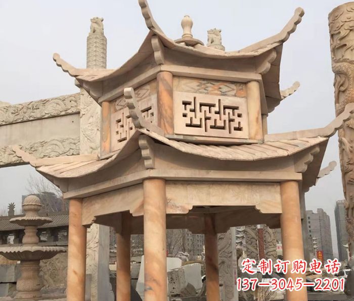 深圳晚霞红双层石雕凉亭