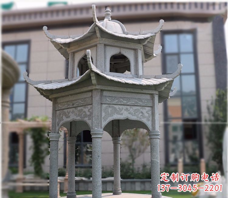 深圳小区大理石六角石雕双层凉亭