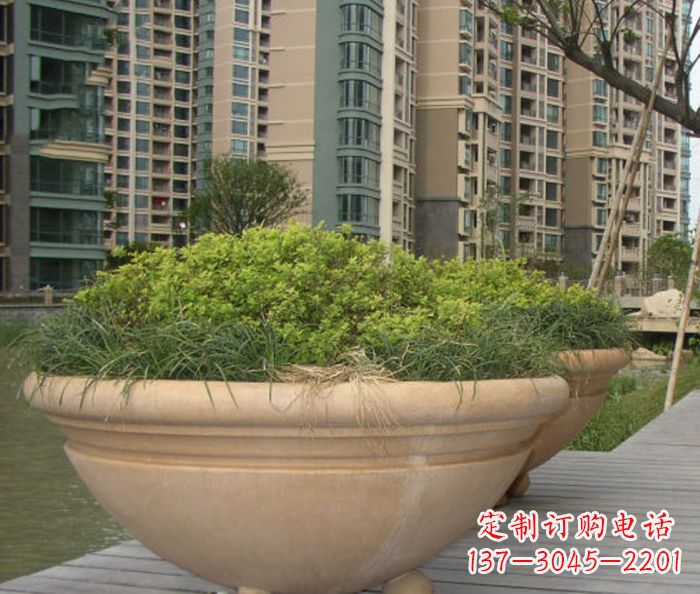 深圳小区景观晚霞红花盆石雕