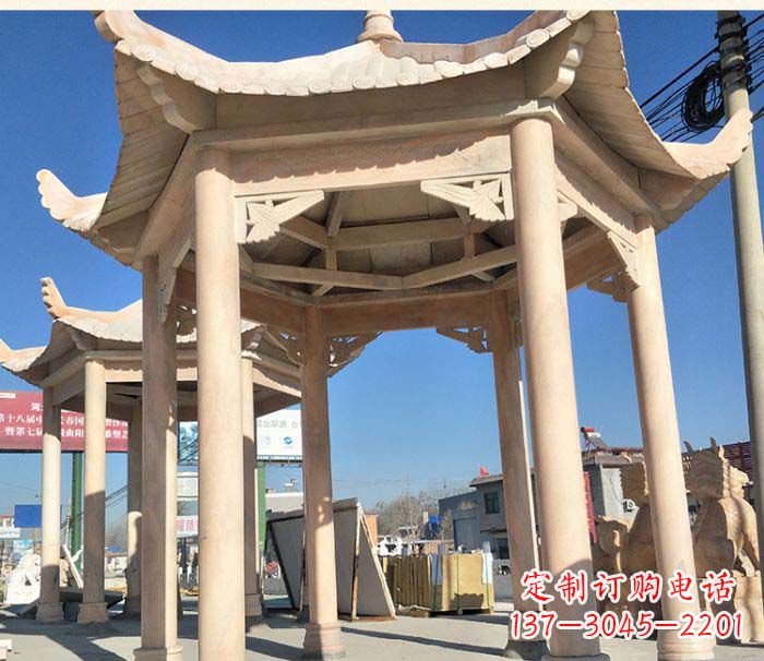 深圳园林景观晚霞红六角石雕凉亭 (2)