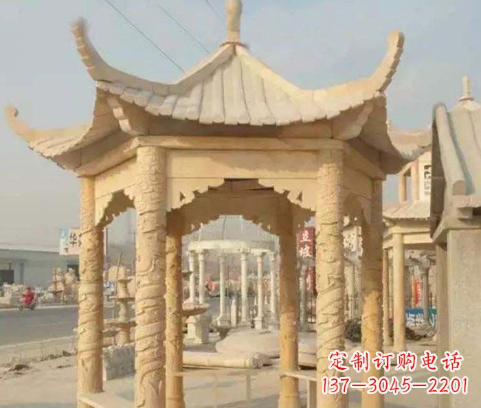 深圳园林景观晚霞红六角石雕凉亭 (3)