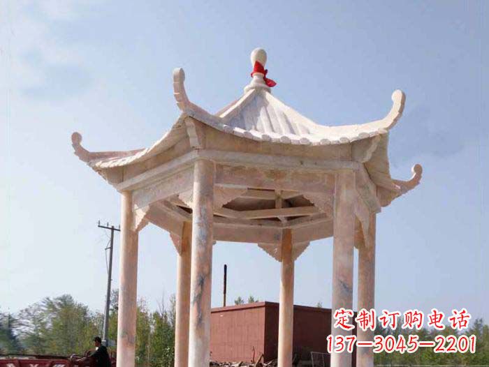 深圳园林景观晚霞红六角石雕凉亭