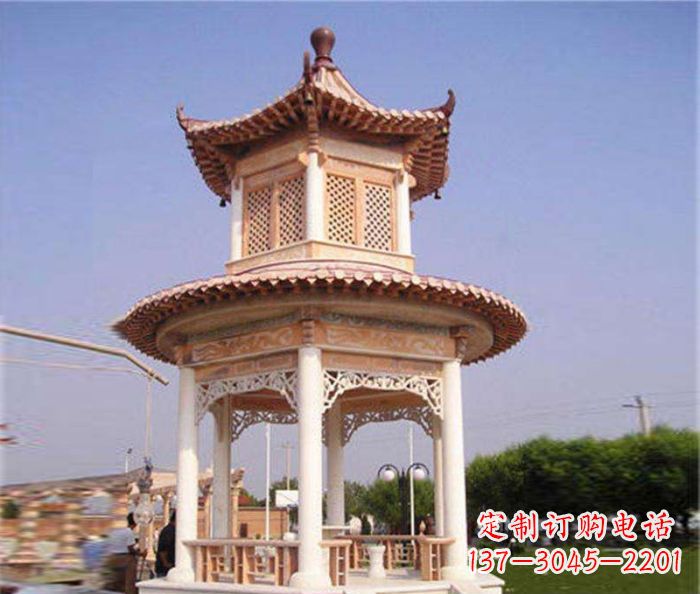 深圳园林景观晚霞红双层石雕凉亭 (4)