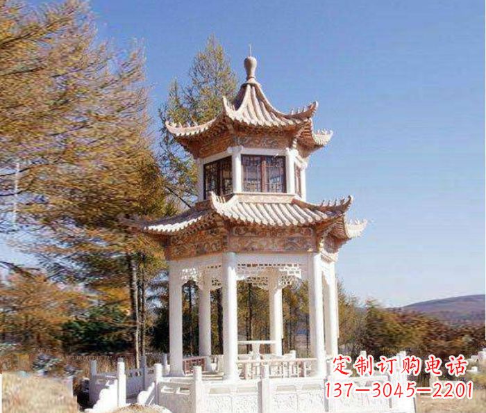 深圳园林景观晚霞红双层石雕凉亭 (3)
