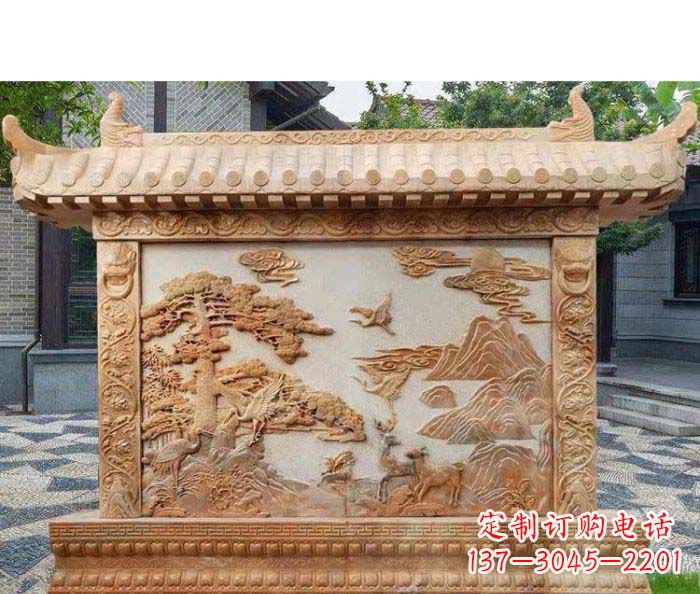 深圳园林景观晚霞红松鹤石浮雕影壁